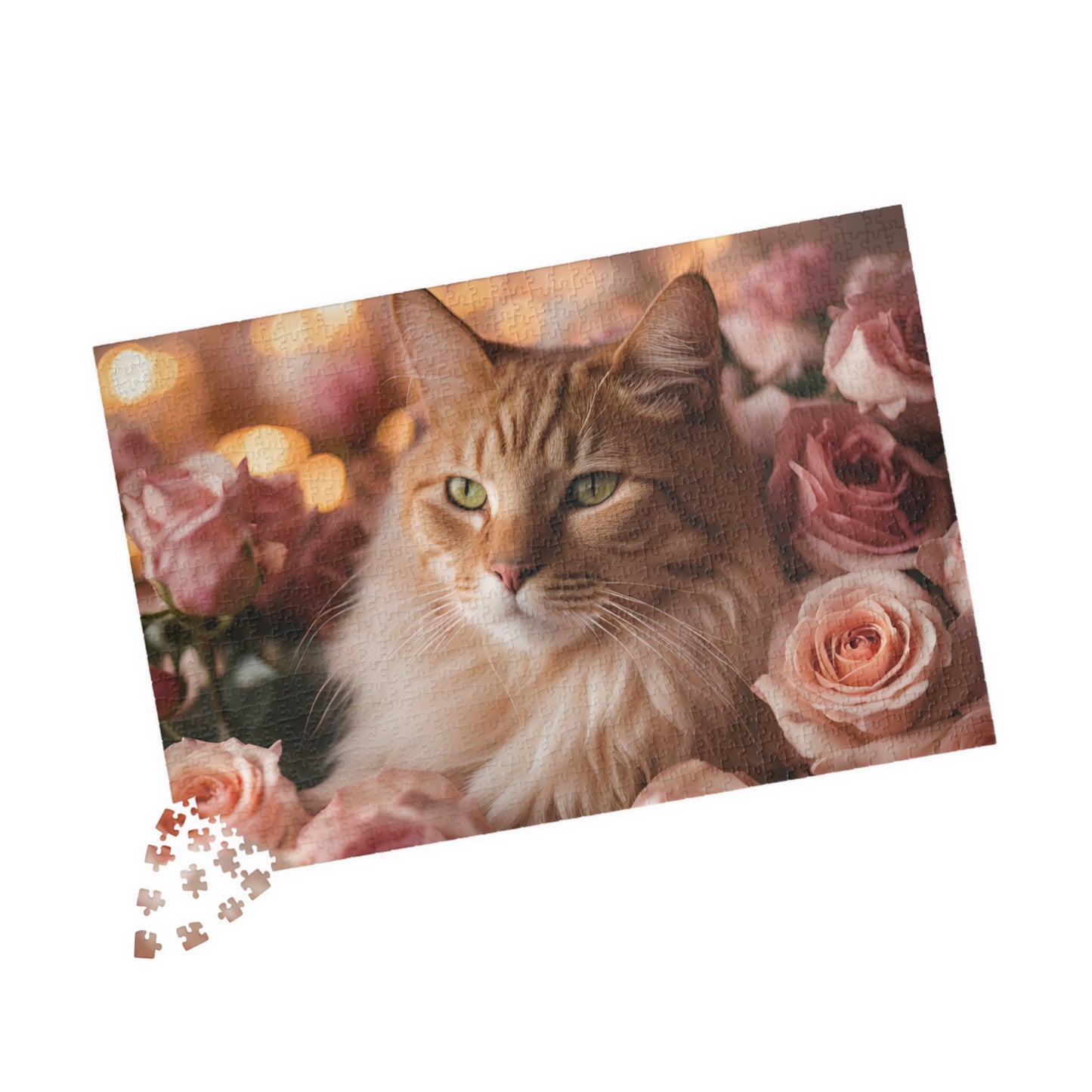 Luxury Puzzle - Brown & beige cat with green eyes laying three shades of pink roses. Exquisitely Designed (Glossy Laminate-1014 pcs)