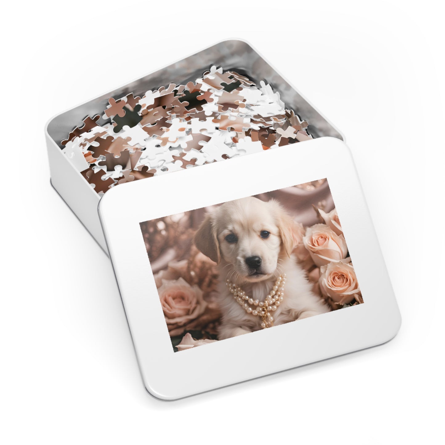 Luxury Puzzle - Cream Labrador Retriever with pearls surrounded by peach roses.  Exquisite Design. [Satin/matte-1000 pcs]