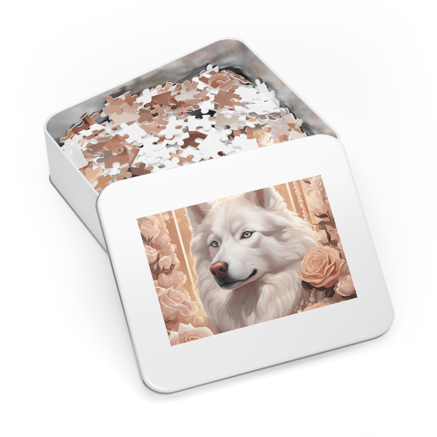 Luxury Puzzle - Cream & White Husky with ice-blue eyes, surrounded by roses.  Exquisite Design. (Satin-1000 pcs)