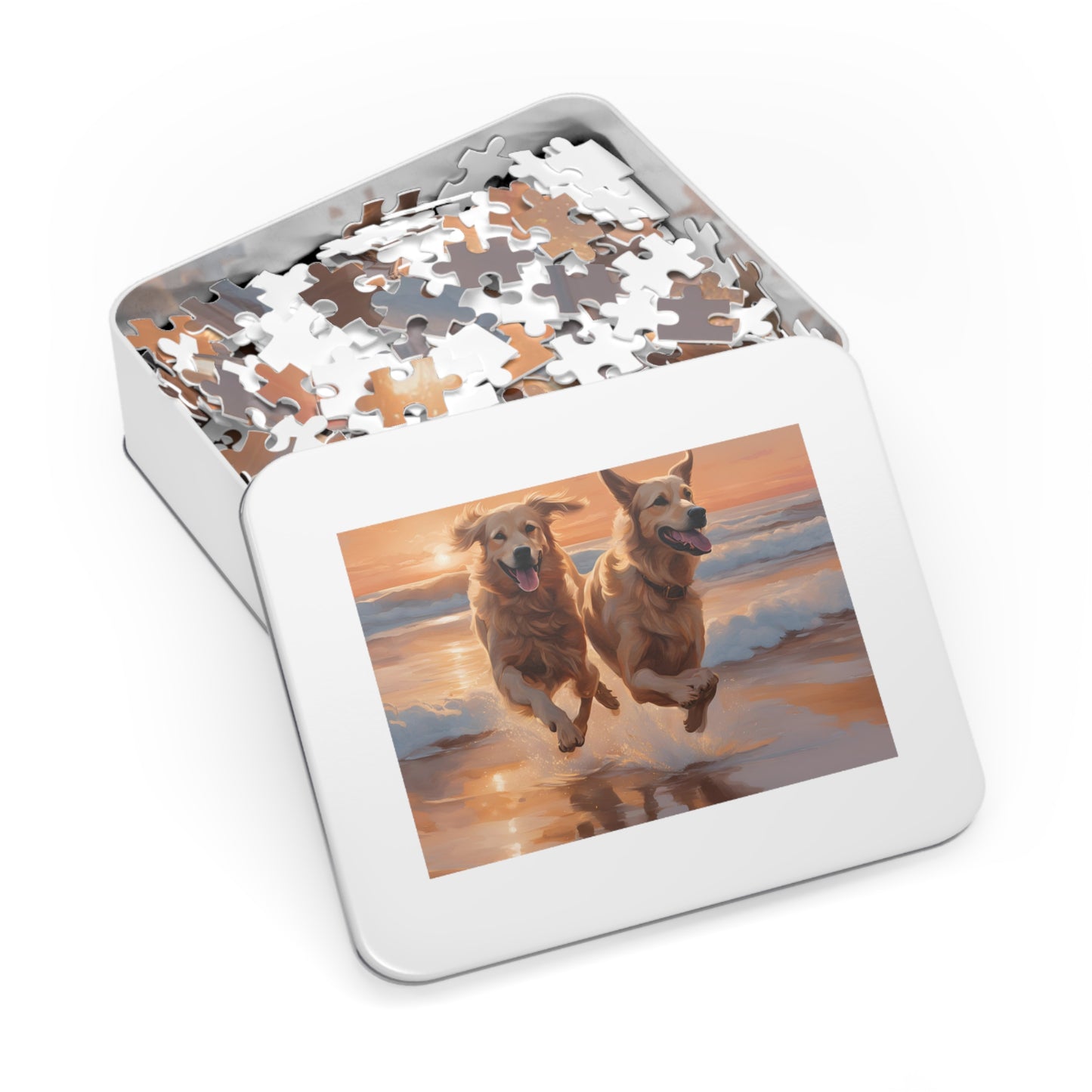 Luxury Puzzle - Two Golden Retrievers Running on the beach. Exquisitely designed painting (Satin-500 pcs)