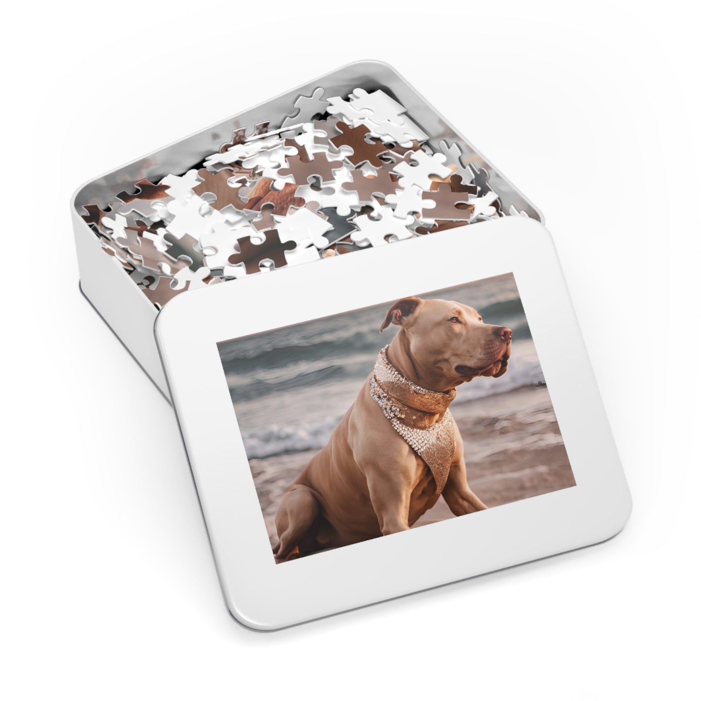 Luxury Puzzle - Brown Pit Bull Terrier on the beach with elegant brown scarf. Exquisite Design (Satin-500 pcs)