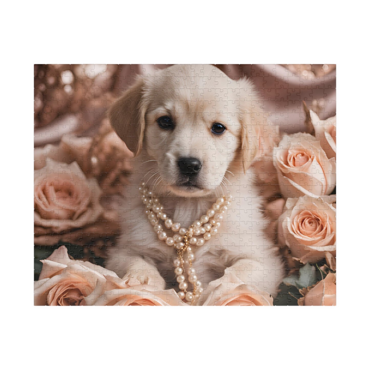 Luxury Puzzle - Cream Labrador Retriever with pearls surrounded by peach roses.  Exquisite Design. (Glossy-520 pcs)