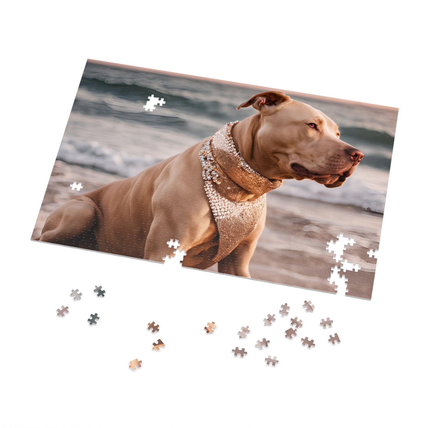 Luxury Puzzle - Brown Pit Bull Terrier on the beach with elegant, brown scarf. Exquisite Design (Satin-1000 pcs)