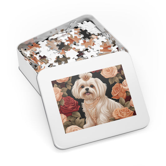 Luxury Puzzle - Shih Tzu Dog with Pearls and Roses. Exquisite, Cream-Colored Design, (Satin/Matte-500 pcs)