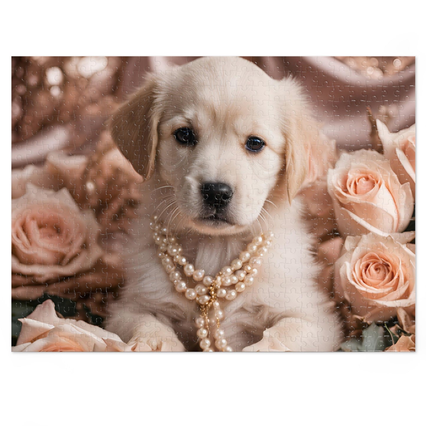 Luxury Puzzle - Cream Labrador Retriever with pearls surrounded by peach roses.  Exquisite Design. (Satin/Matte-500 pcs)