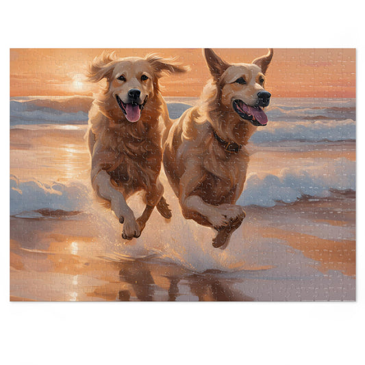 Luxury Puzzle - Two Golden Retrievers Running on the beach. Exquisitely designed painting (Satin-500 pcs)