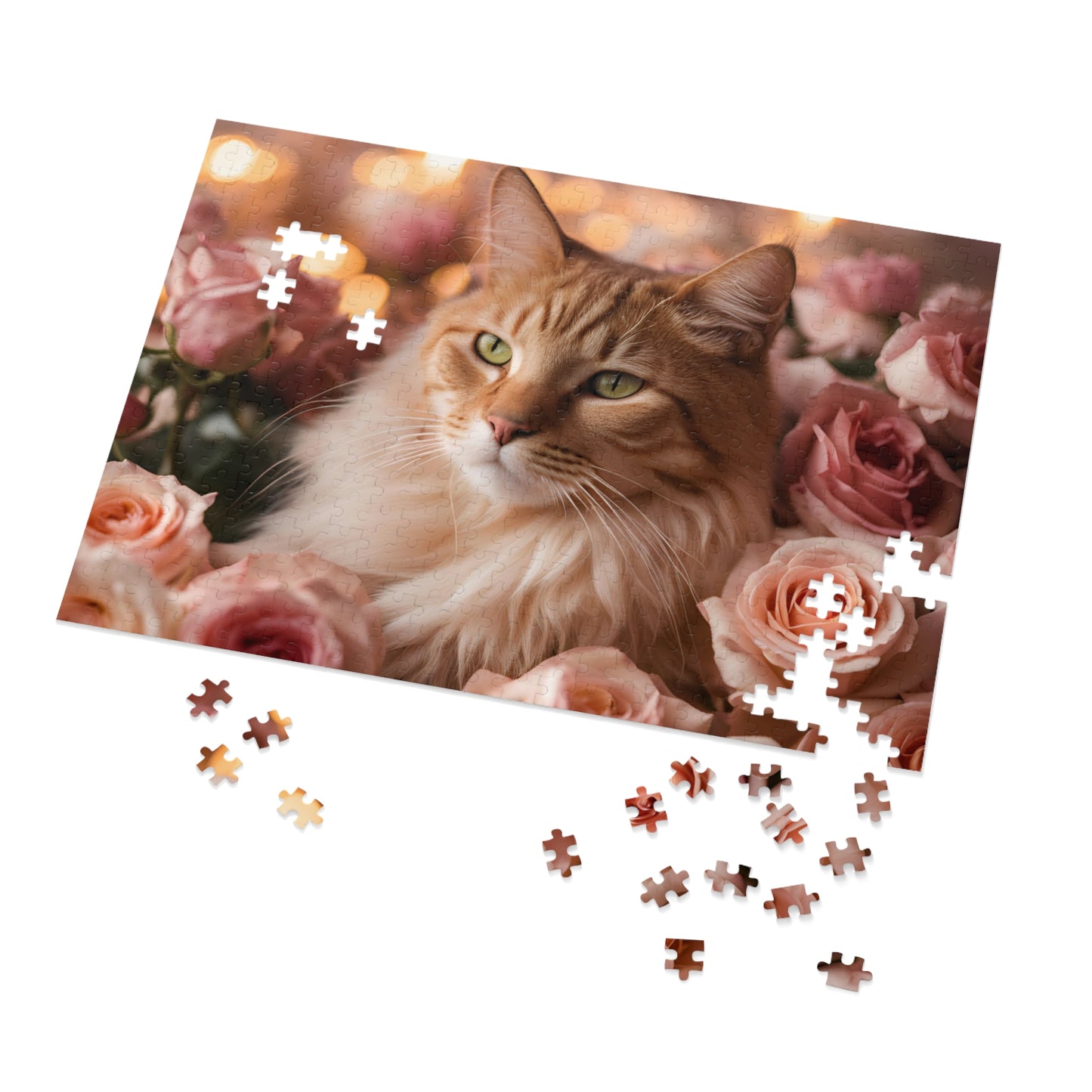 Luxury Puzzle - Brown & beige cat with green eyes laying on pink roses. Exquisitely designed. (Satin-500 pcs)