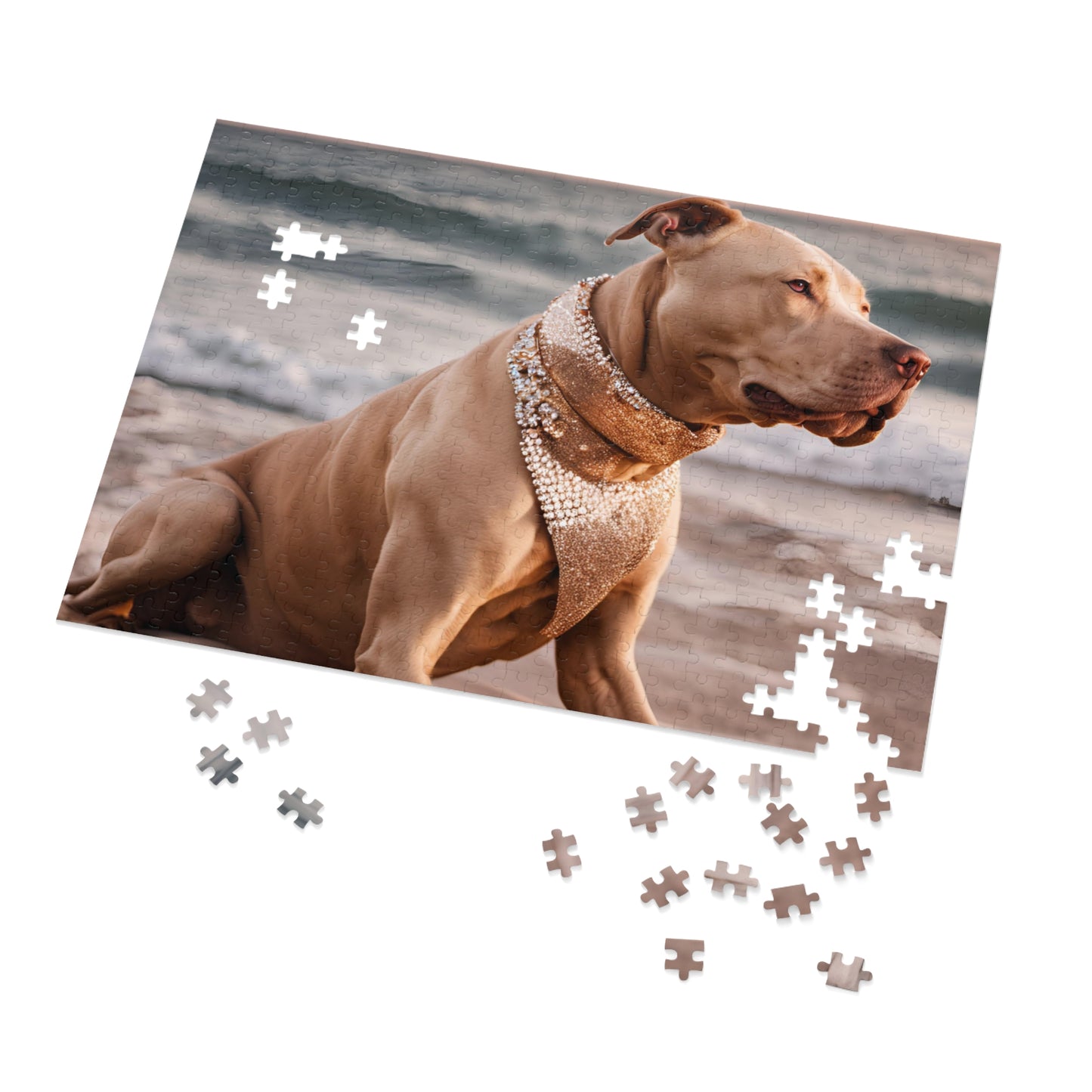 Luxury Puzzle - Brown Pit Bull Terrier on the beach with elegant brown scarf. Exquisite Design (Satin-500 pcs)