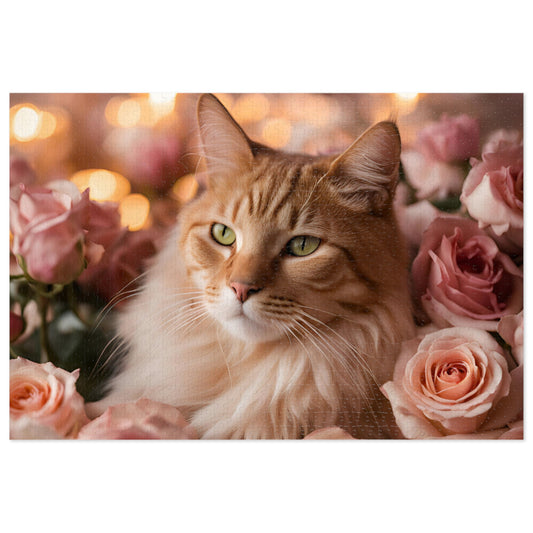 Luxury Puzzle - Brown & beige cat with green eyes laying in a bed of pink roses. Exquisitely designed (Satin-1000 pcs)